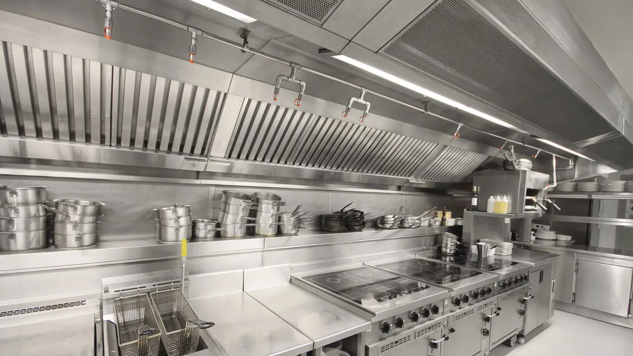 Hotte d'extraction inox au-dessus d'un piano de cuisine professionnelle, illustration Biohotte Nuisibles, Nanterre